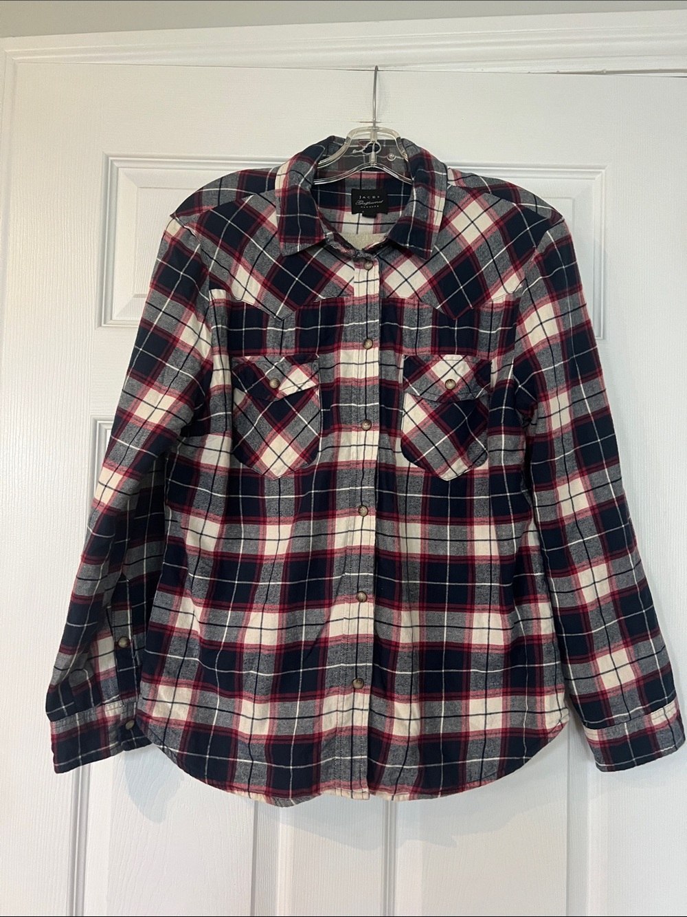 JACHS Girlfriend Navy, White & Red Plaid Button-Down Shirt